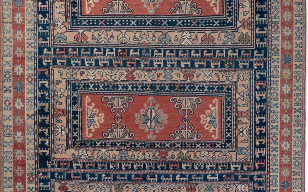 Tappeto Sumak Moghan, misura 1.85 per 1.33 metri. Tessitura piatta, manifattura artigianale e stile tribale originale.